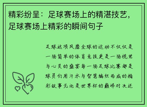 精彩纷呈：足球赛场上的精湛技艺，足球赛场上精彩的瞬间句子