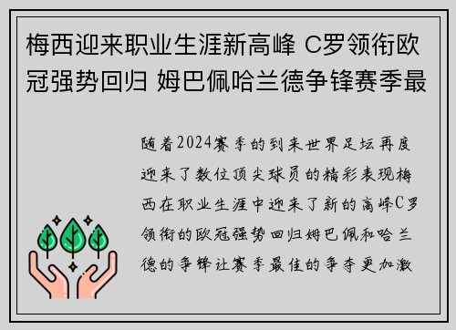 梅西迎来职业生涯新高峰 C罗领衔欧冠强势回归 姆巴佩哈兰德争锋赛季最佳