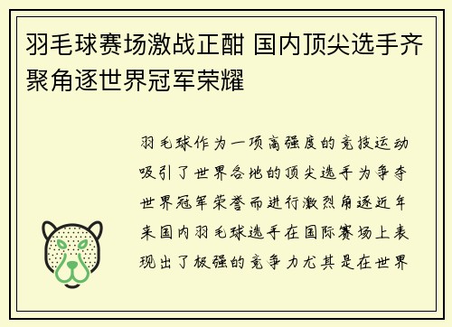 羽毛球赛场激战正酣 国内顶尖选手齐聚角逐世界冠军荣耀